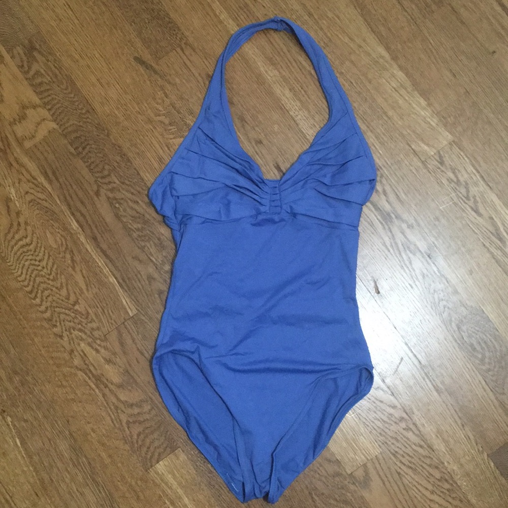 Blue gathered front halter leotard